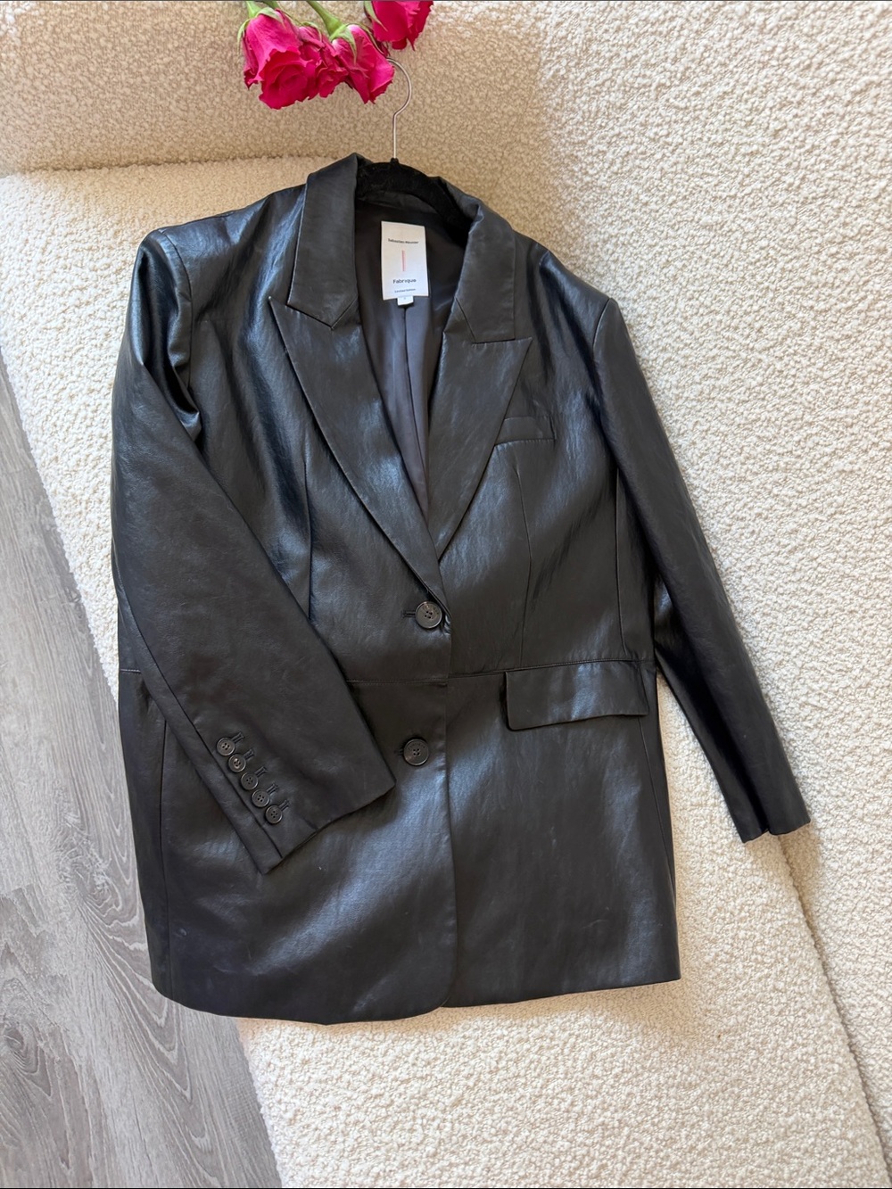 Black Faux Leather Double-Button Blazer Jacket